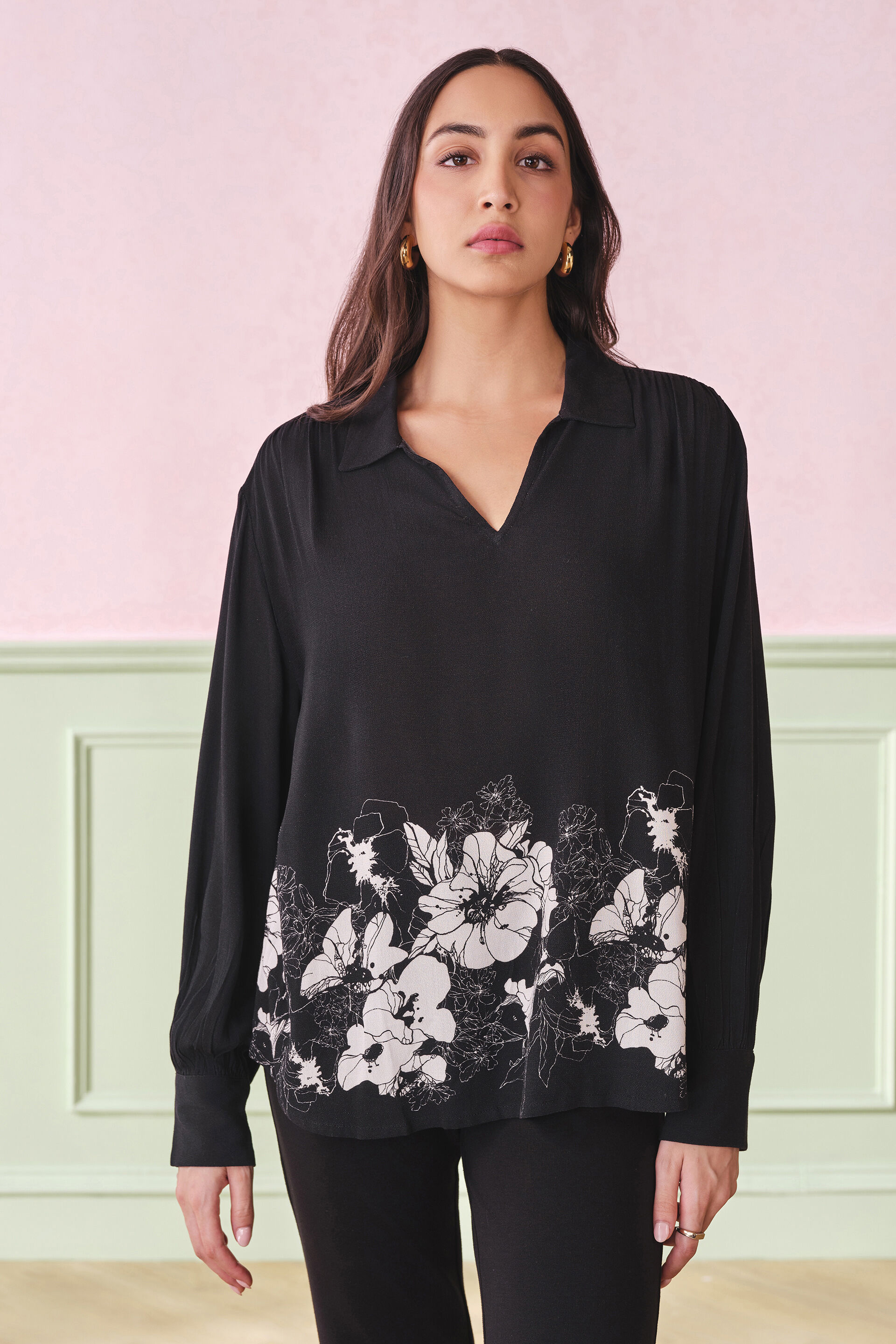 Contrast Garden Viscose Top, Black, image 4